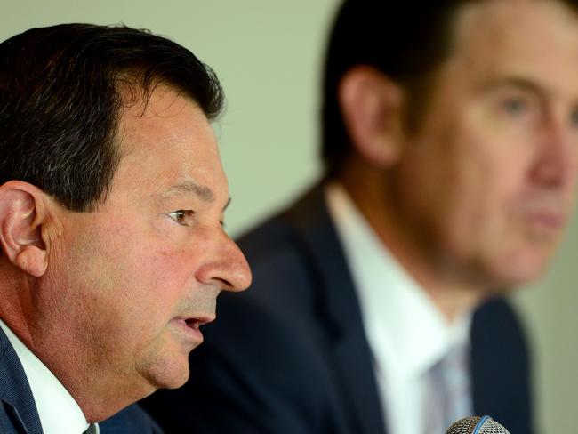 Cricket Australia chairman David Peever (L) and chief executive James Sutherland.