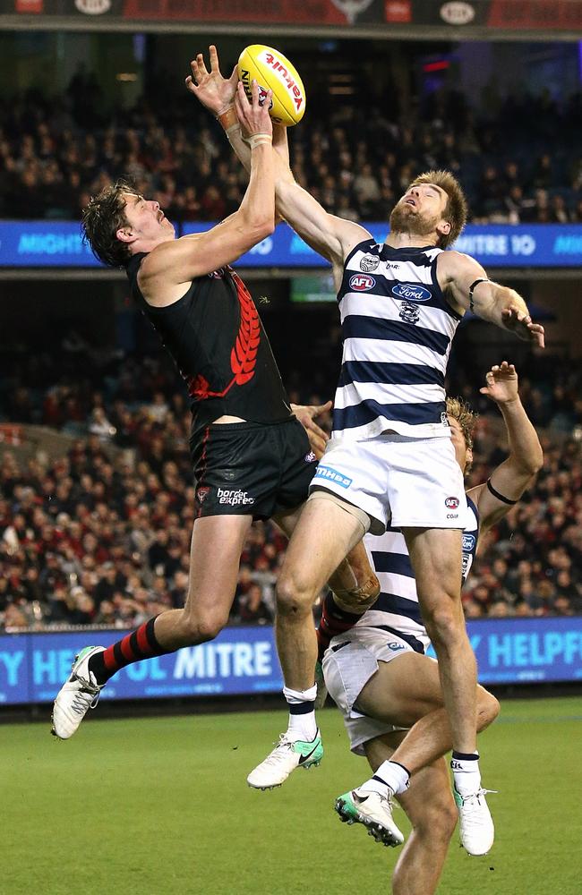 Joe Daniher takes a strong mark over Tom Lonergan. Picture: Wayne Ludbey