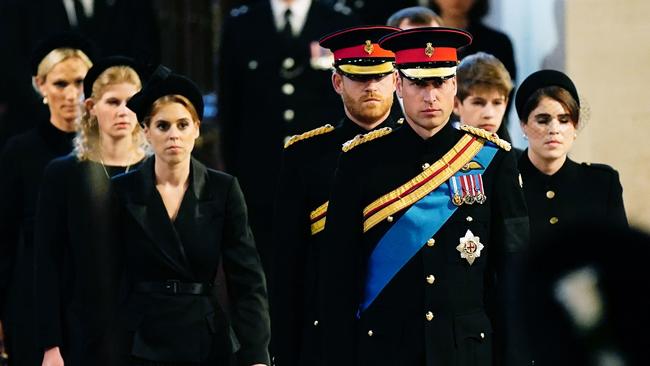 The Queen’s grandchildren arrive to hold a vigil in honour of Queen Elizabeth II at Westminster Hall. Picture: Aaron Chown-WPA Pool/Getty Images