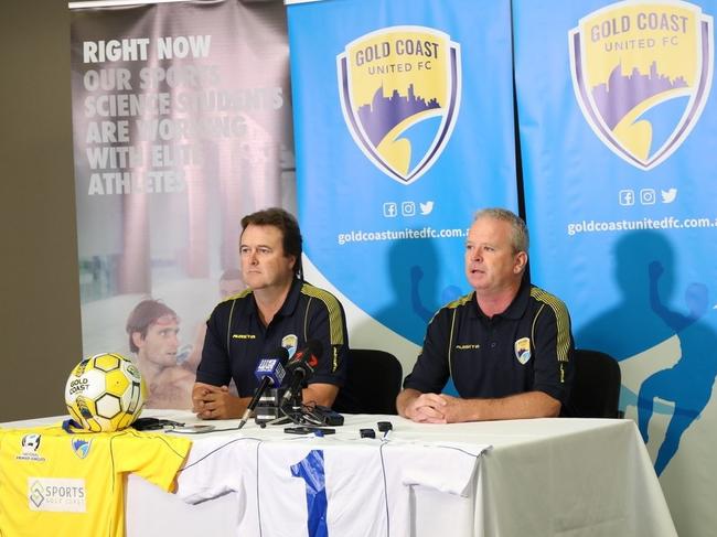 Gold Coast United vice chairman Mark Anderson and chairman Danny Maher at a media conference in 2018. Picture: Supplied