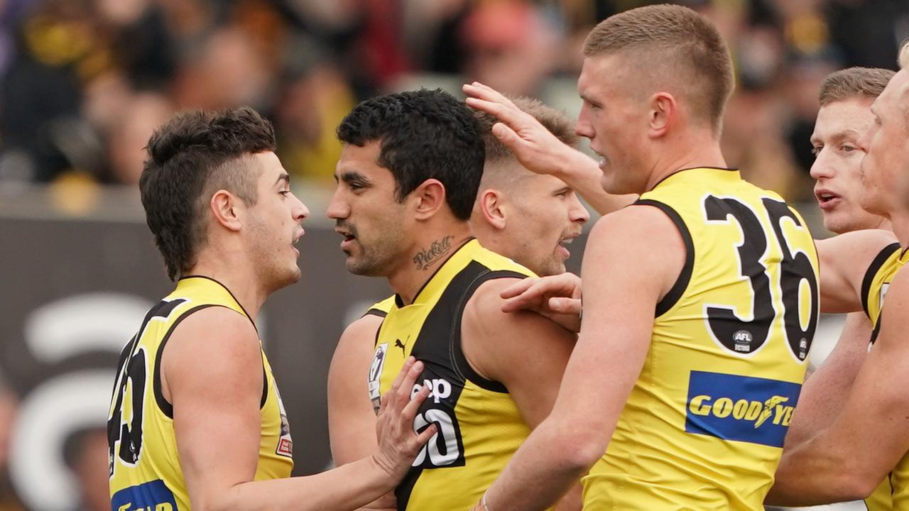 Marlion Pickett celebrates a goal in the VFL Grand Final on Sunday.