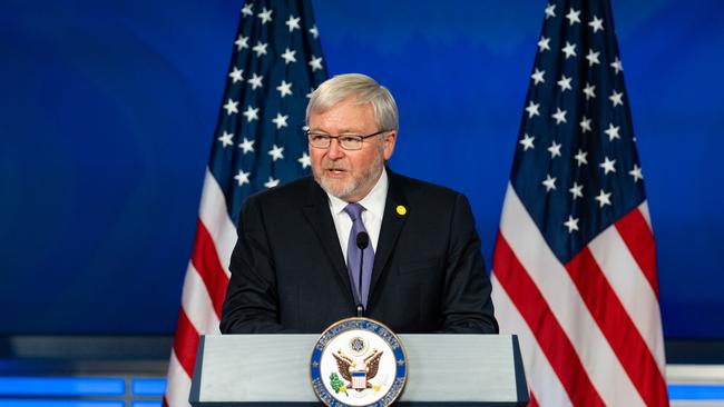 Kevin Rudd, president of the Asia Society, introduces Antony Blinken, US secretary of state, not pictured, at George Washington University in Washington, D.C. US, on Thursday, May 26, 2022. Blinken used his remarks to explain existing policies rather than unveil any bold new direction that includes a strategy of investing in democracy and innovation at home. Photographer: Eric Lee/Bloomberg via Getty Images