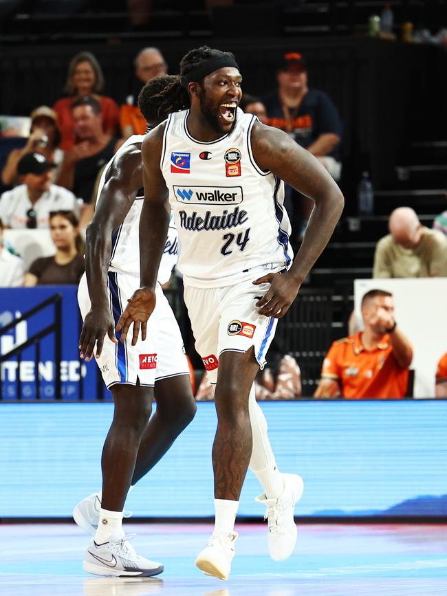 Adelaide's Montrezi Harrell laughs out loud in the National Basketball League (NBL) match between the Cairns Taipans and the Adelaide 36ers, held at the Cairns Convention Centre. Picture: Brendan Radke