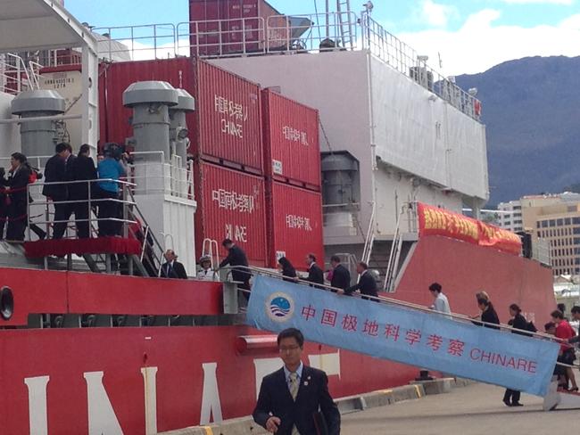 Chinese President Xi Jinping boards the Xue Long Antarctic research vessel on Hobart's wharf.