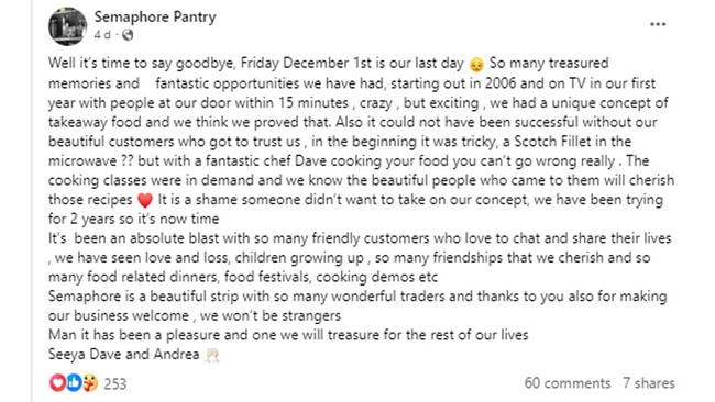 Semaphore Pantry bids farewell to its customers on Facebook after 15 years.