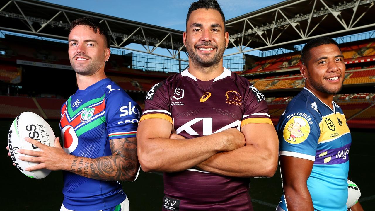 NRL Magic Round launch at Suncorp Stadium — Wayde Egan (Warriors), Ryan James (Broncos) and Mo Fotuaika (Titans). Picture: David Clark