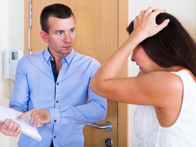 Portrait of confused tenant and furious landlord with the unpaid bills. iStock image. For Herald Sun Realestate 12MAY17