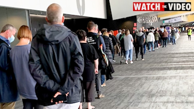 Long vaccine line at Melbourne Convention Centre