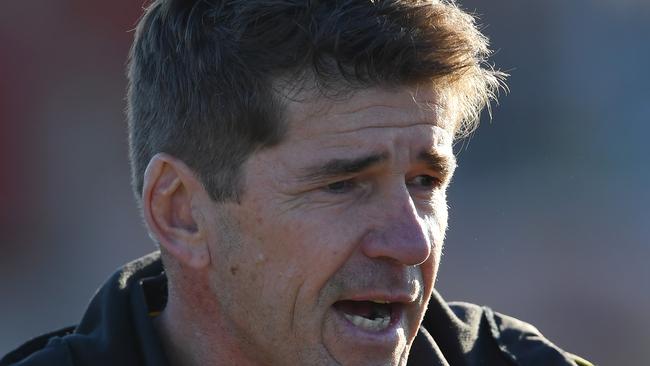 Frankston YCW coach Wayne Capp addresses his players last season. Picture: Andy Brownbill