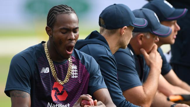 You can forgive Jofra Archer for being a bit tired. That’s a lot of gold to lug around. Picture: Getty Images