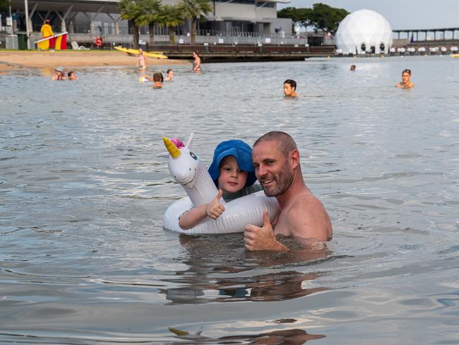 DARWIN, AUSTRALIA Sunday, 31 December, 2023:DARWIN NEW YEARS EVE 2023 Barry Degan and Tom Degan pose for a photo at Darwin Waterfront. Picture: Pema Tamang Pakhrin