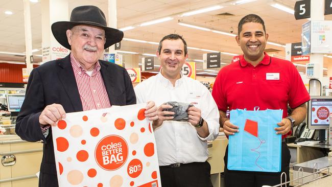 Clean Up Australia founder Ian Kiernan, Balgowlah Coles Store Manager Phil Borg and state Coles GM Orlando Rodriguez in Balgowlah.