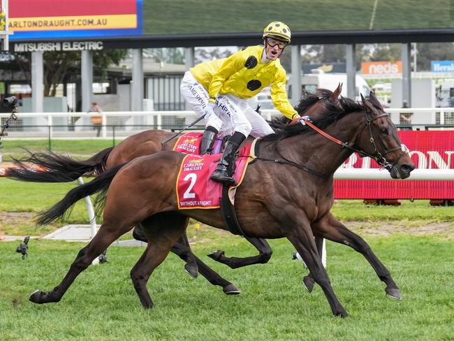 Without A Fight, ridden by Mark Zahra, wins the 2023 Caulfield Cup. Picture: Getty Images