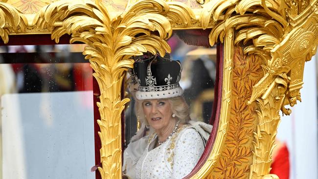 Queen Camilla leaves Westminster Abbey after the coronation. Picture: AFP