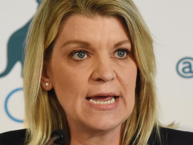 Australian Olympic Committee CEO Fiona De Jong (left) with Chef de Mission Kitty Chiller (right) during the one-year-to-go to the Rio Olympics press conference in Sydney, Wednesday, Aug. 5, 2015. (AAP Image/Dean Lewins) NO ARCHIVING