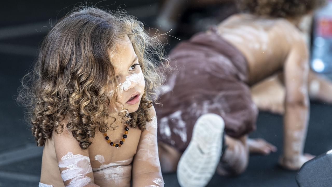 Niyardu McCarthy from Aboriginal dance group Mura Biri Gururu. Australia Day celebrations at Picnic Point in Toowoomba. Thursday, January 26, 2023. Picture: Nev Madsen.