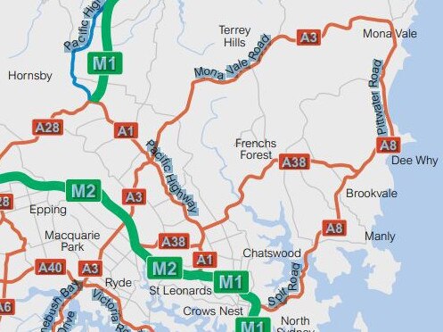 The A8 corridor between Mona Vale and Seaforth follows Pittwater Rd, Condamine St and Burnt Creek Deviation. Picture: NSW Transport.