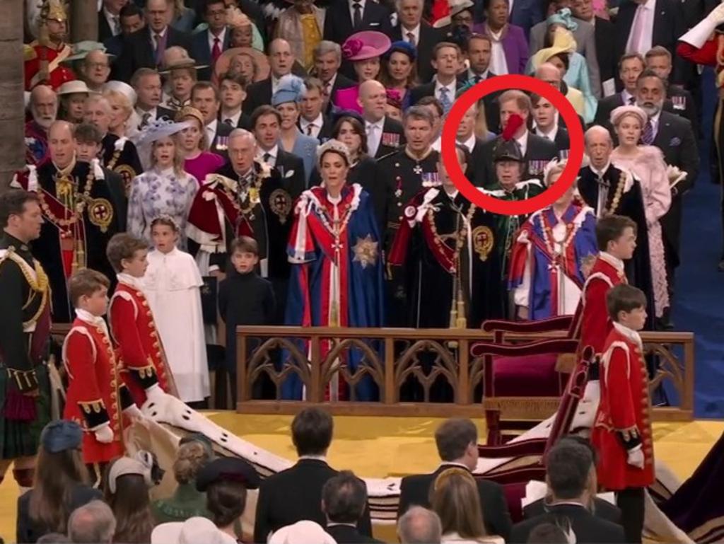 Prince Harry blocked by Princess Anne's feather hat at King Charles’ coronation. Picture: Sky News