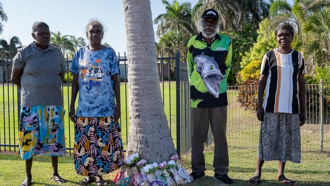 Ngeygo Ragurrk’s family, Karen Nardol, left, Ngeygo’s older sister Edna Midjarda, her father Tommy Madjalgaidj and her sister-cousin Agatina Bangalang at a ceremony at Mindil Beach, where on December 23 2019 she was killed by her partner Garsek Nawirridj. Picture: Pema Tamang Pakhrin