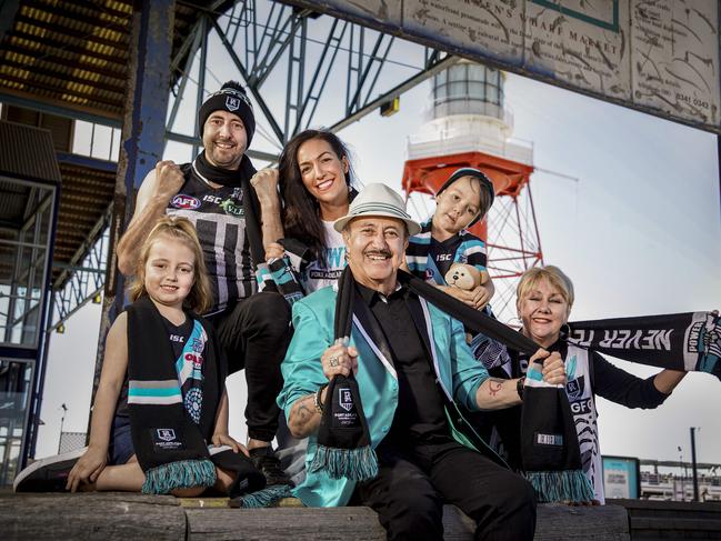 Power supporters, the Catalano family Jesse (power jumper) with wife Lauri daughter Indiana 6 with brother Sebastian 3 and (JesseÃs dad and mum) Nick and Sonia Catalano at Port Adelaide Saturday October 10, 2020 - pic Mike Burton