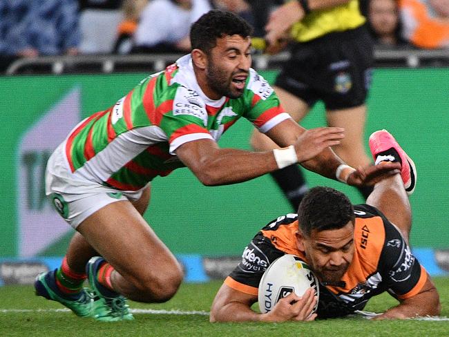 The Tigers' Esan Marsters scores a try during the Round 19 NRL match between the Wests Tigers and the South Sydney Rabbitohs. Picture: AAP Image