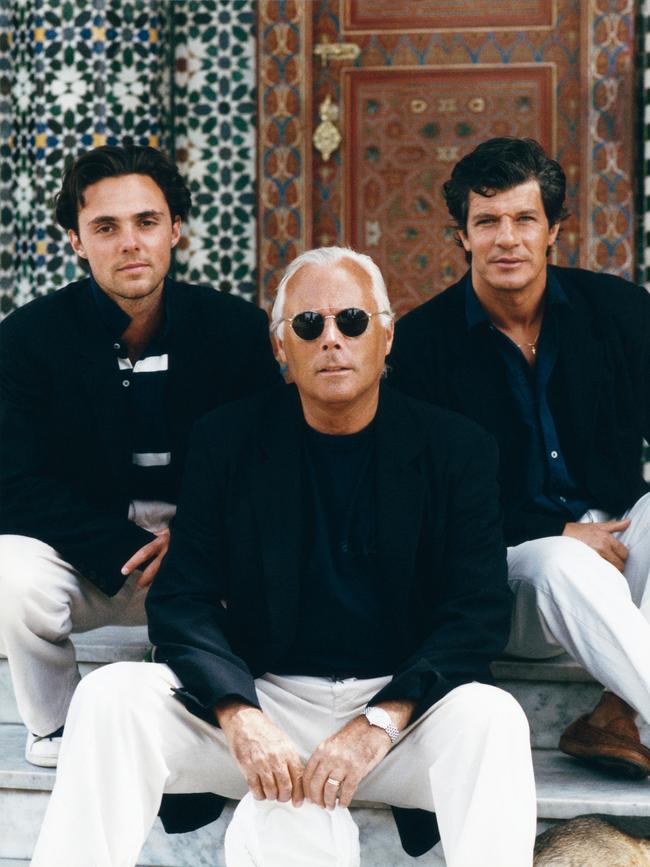 Giorgio Armani with his nephew Andrea (left), and his close friend and collaborator Leo Dell’Orco in Marrakech.