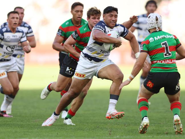 Jason Taumalolo of the Cowboys runs the ball during the round six NRL match between South Sydney Rabbitohs and North Queensland Cowboys at Perth Stadium, on April 12, 2025, in Perth, Australia. (Photo by Janelle St Pierre/Getty Images)