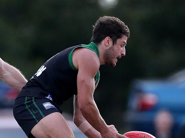 Fortunato Caruso (right) of Greenvale under pressure from Luke Blackwell of Aberfeldie during EDFL footy: Greenvale v Aberfeldie on Saturday, July 28, 2018, in Greenvale, Victoria, Australia. Picture: Hamish Blair