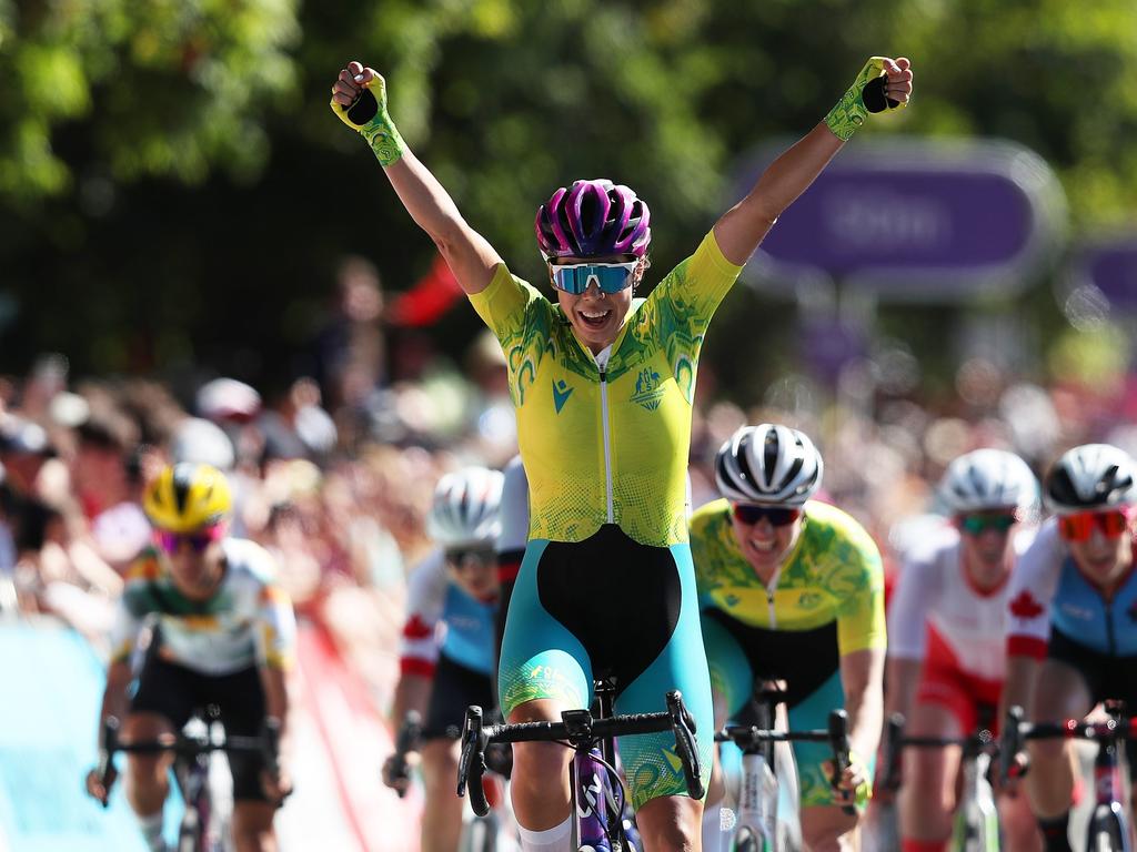 Australia’s Georgia Baker crosses the line to win gold in the women's road race at the Birmingham 2022 Commonwealth Games but the sport may not even be included in the Glasgow program. Picture: Alex Livesey/Getty Images