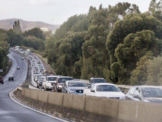 South-bound traffic banked up on the Southern Outlet after the single-vehicle crash. Picture: MATHEW FARRELL