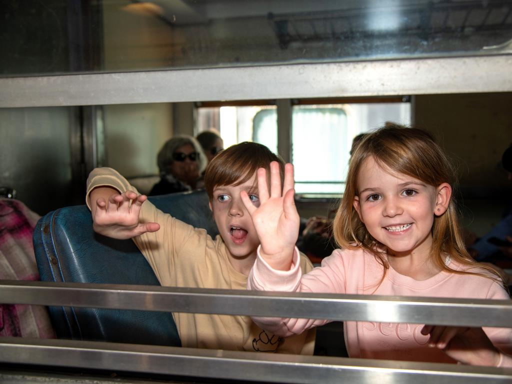 Arriving back at Drayton Station, Harvey and Madeline Urquhart on the DownsSteam and Tourist Railway "Pride of Toowoomba" steam train from Drayton to Wyreema. Saturday May 18th, 2024 Picture: Bev Lacey