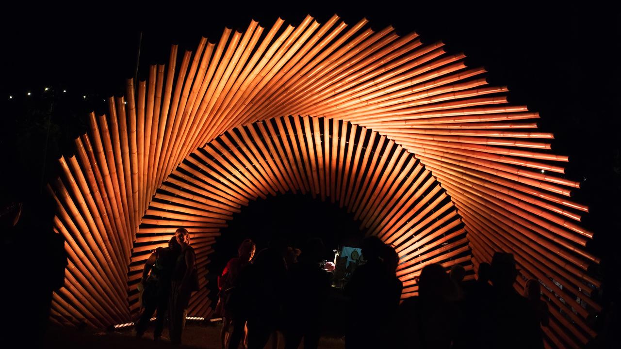 Taksu, a spiralling bamboo sculptural installation in the Botanic Park at WOMADelaide 2022. Picture: Rob Sferco