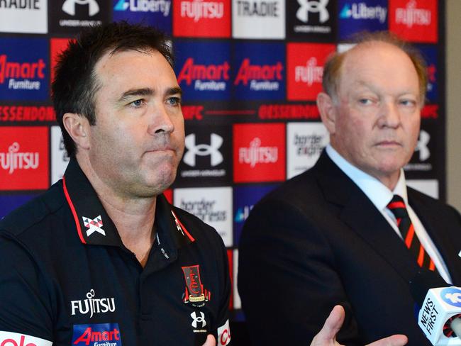 MELBOURNE, AUSTRALIA - NewsWire Photos SEPTEMBER 30TH, 2022: Newly-appointed senior coach Brad Scott, with Essendon President David Barham,  speaking to the media at the NEC Hangar. Picture: NCA NewsWire / Nicki Connolly