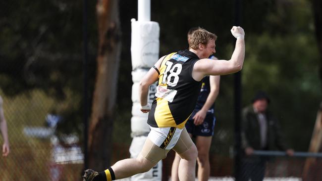 Dylan Huxley celebrates after kicking a goal in the 2020 SFL Elimination Final loss to Lindisfarne. Picture: Zak Simmonds