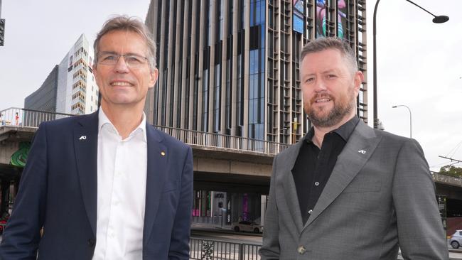 Adelaide University co-Vice Chancellors Professor Peter Hoj (University of Adelaide)(L), and Professor David Lloyd (University of South Australia). 6 August 2024. Picture: Dean Martin