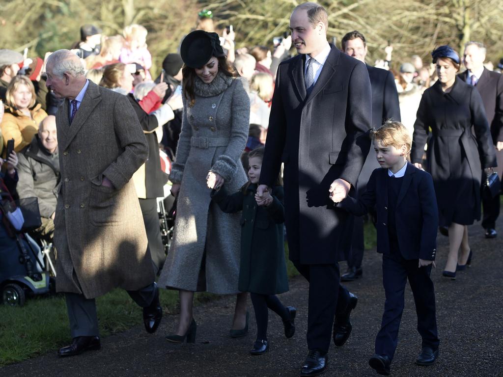 Prince Charles, Kate, Prince William and their children George and Charlotte at a Christmas Day church service in Sandringham. Picture: AP