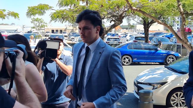 Elijah Hollands (centre) pleaded guilty at Southport Magistrates Court to possessing cocaine. Picture: NCA NewsWire / Blake Antrobus