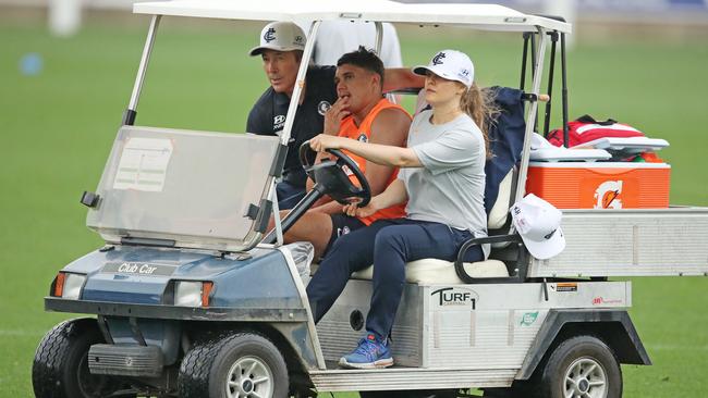 Pickett was carted off the field on a buggy. Picture: Getty