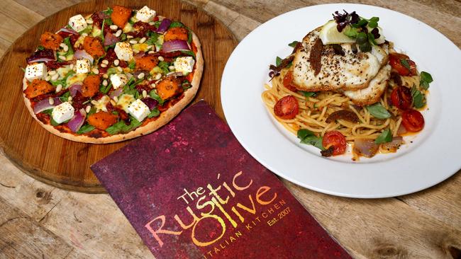 Food review photo's for U on Sunday at The Rustic Olive at Redcliffe - Donatello Pizza and Spaghetti Anchovies with Barramundi Fillet, Redcliffe Friday 14th June 2019 Picture AAPImage/ David Clark