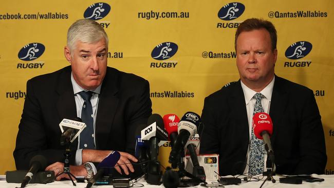 Australian Rugby Union Chairman Cameron Clyne (left) and CEO Bill Pulver announced in June that one team would be dropped from the Super Rugby Australian conference.