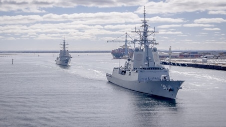 HMAS Hobart and Brisbane during Sea Acceptance Trials. More than 200 jobs are set to go from Adelaide shipbuilder ASC as work on the Air Warfare Destroyers finishes. Picture: Air Warfare Destroyer Alliance.