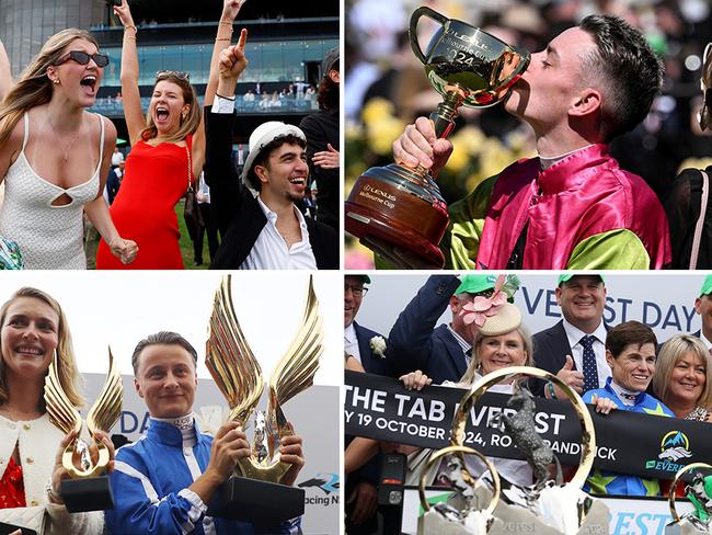 Punters (top left) celebrate a win in The Big Dance at Randwick; Prizemoney levels have gone to new levels in Australia thanks to races like (clockwise from top right) the Melbourne Cup, The Everest and The Golden Eagle.