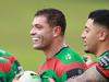 SYDNEY, AUSTRALIA - FEBRUARY 23: Braidon Burns of the Rabbitohs reacts during the NRL Pre-season challenge match between South Sydney Rabbitohs and Sydney Roosters at Belmore Sports Ground on February 23, 2024 in Sydney, Australia. (Photo by Jason McCawley/Getty Images)