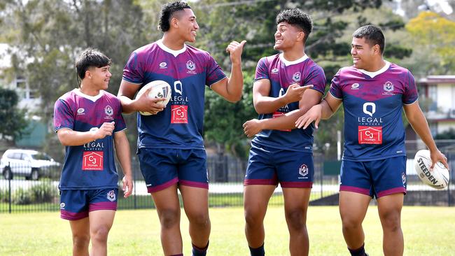 Fullback Tyler Peckham-Harris and Forward Loko Pasifiki Tonga with Ahmani Leilua and Tre Alofa-Fotu from Ipswich SHS. Picture: John Gass