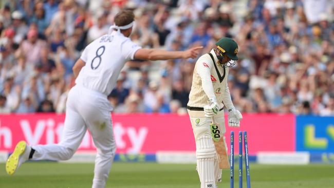 Hold the phone: Stuart Broad’s celebrations were cut short by a no-ball ruling. Picture: Getty