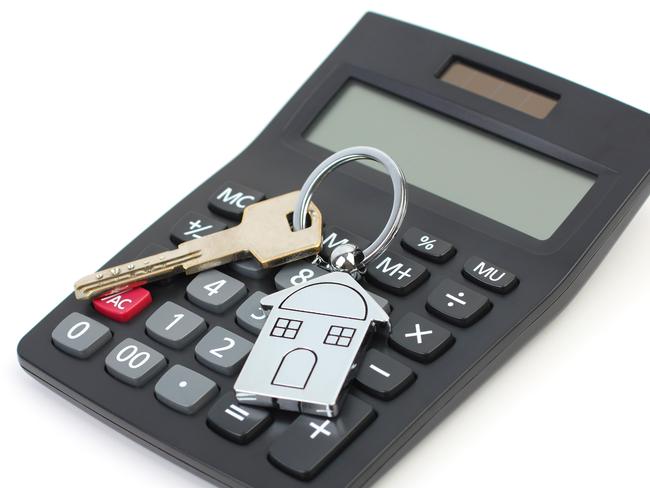 Calculator with a house key, property, tax, real estate, investing, generic