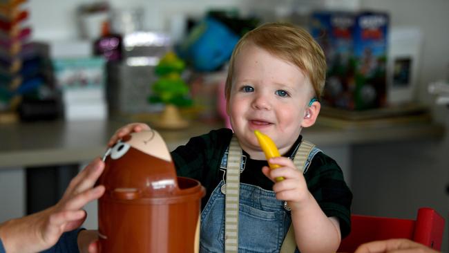 Teddy Dickinson, 17 months, at Hear and See at James Cook University. Picture: Evan Morgan