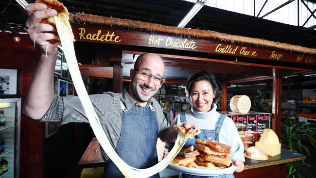 Cheesemonger Anthony Femia and toasted cheese competition entrant Christy Tania at Prahran Market’s Say Cheese festival. Picture: Rebecca Michael