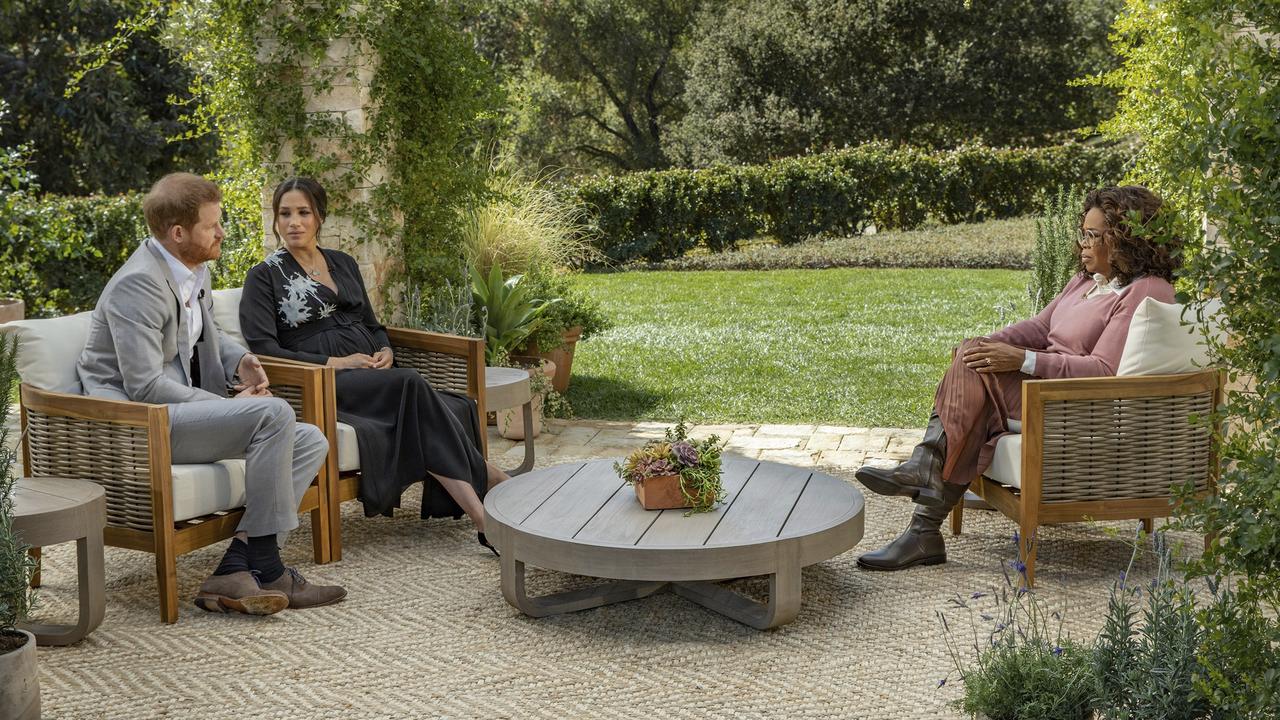 Prince Harry and Meghan in conversation with Oprah Winfrey. (Joe Pugliese/Harpo Productions