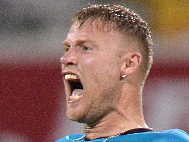 BRISBANE, AUSTRALIA - DECEMBER 28: Andrew Flintoff of the Heat celebrates a wicket during the Big Bash League match between the Brisbane Heat and the Melbourne Stars at The Gabba on December 28, 2014 in Brisbane, Australia. (Photo by Bradley Kanaris/Getty Images)